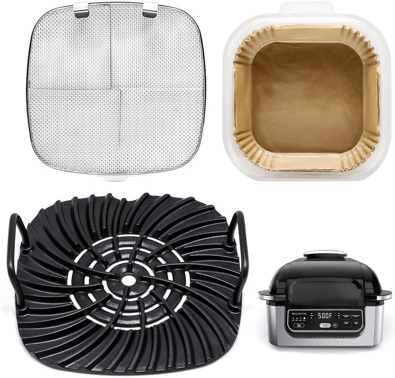 Criditpid Non-Stick Grill Grate, Stainless Steel Splatter Shield & Air Fryer Sheets Liners Kit Replacement Parts for Ninja AG301 AG300 AG302, Air Fryer Accessories for Foodi 5-in-1 Indoor Grills. - Image 1